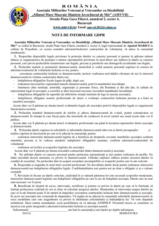 Model notă de informare GDPR