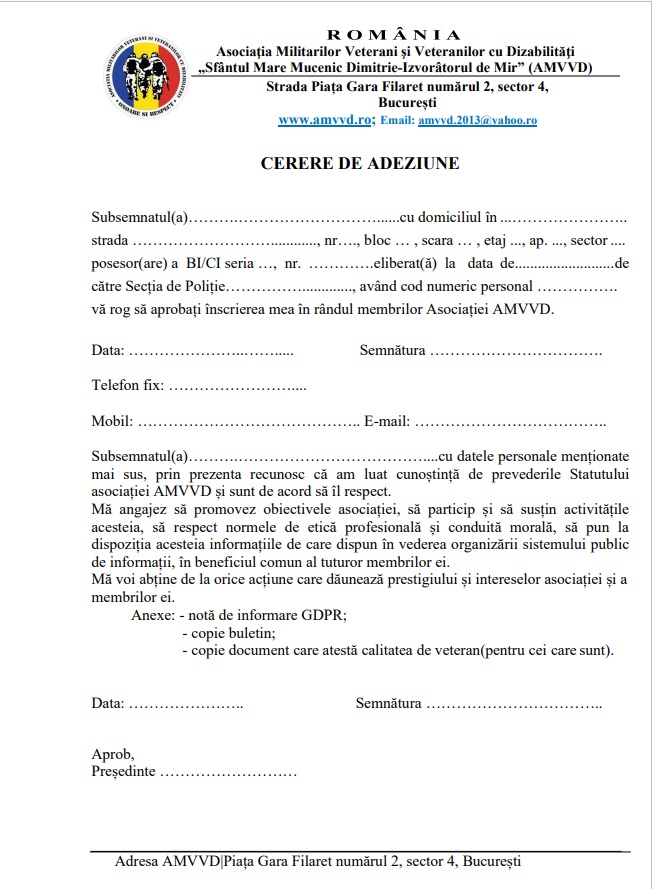 Model cerere de adeziune AMVVD